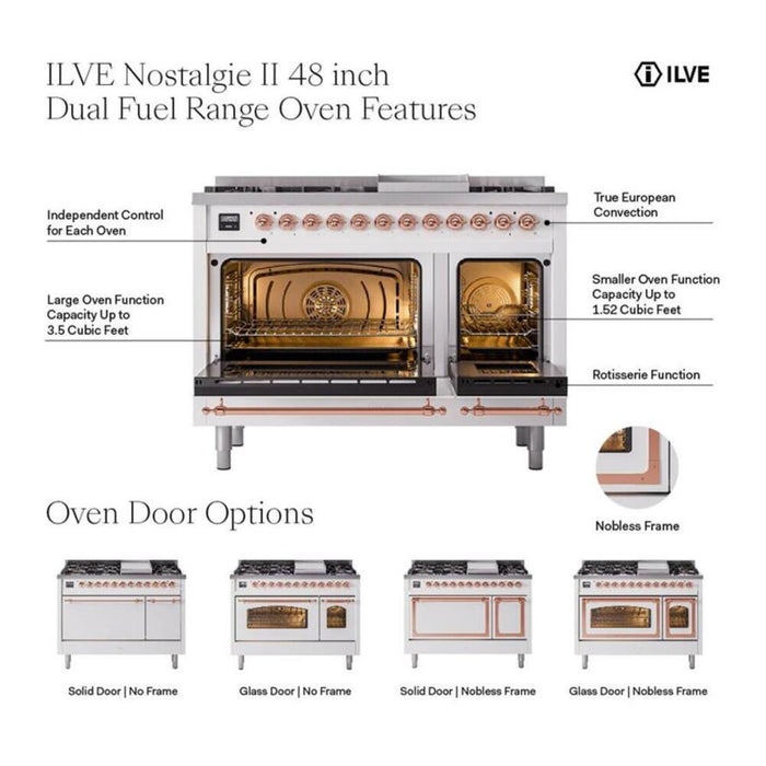 ILVE Nostalgie II Noblesse 48" Dual Fuel Freestanding Range 8 Sealed Burners + Griddle with Triple Glass Door - UN48FNMP