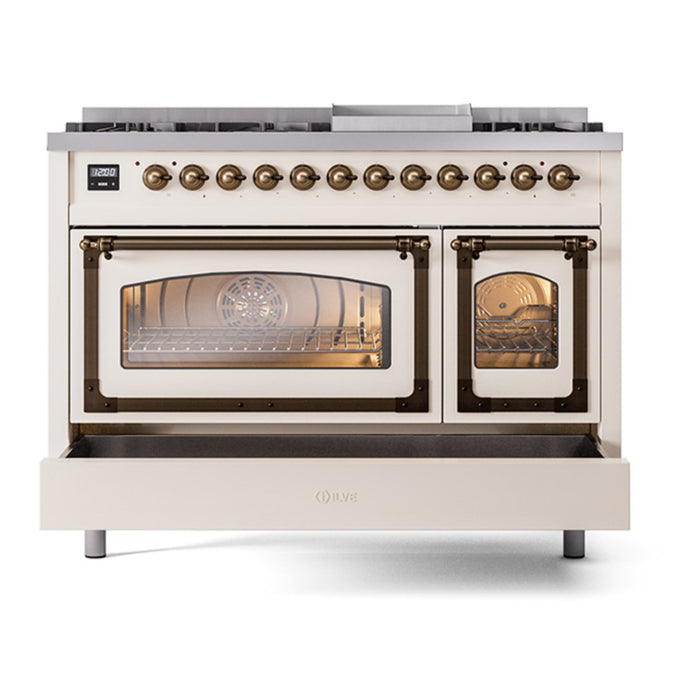 ILVE Nostalgie II Noblesse 48" Dual Fuel Freestanding Range 8 Sealed Burners + Griddle with Triple Glass Door - UN48FNMP