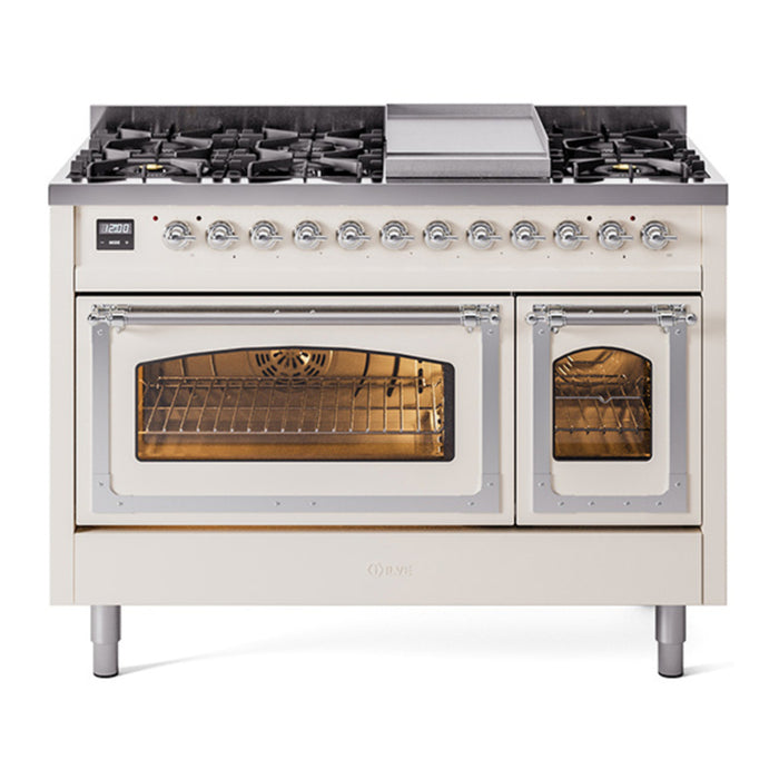 ILVE Nostalgie II Noblesse 48" Dual Fuel Freestanding Range 8 Sealed Burners + Griddle with Triple Glass Door - UN48FNMP