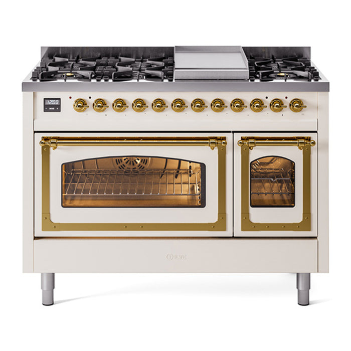 ILVE Nostalgie II Noblesse 48" Dual Fuel Freestanding Range 8 Sealed Burners + Griddle with Triple Glass Door - UN48FNMP
