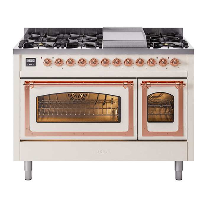 ILVE Nostalgie II Noblesse 48" Dual Fuel Freestanding Range 8 Sealed Burners + Griddle with Triple Glass Door - UN48FNMP