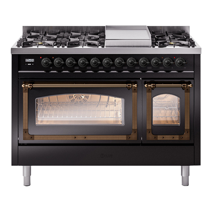 ILVE Nostalgie II Noblesse 48" Dual Fuel Freestanding Range 8 Sealed Burners + Griddle with Triple Glass Door - UN48FNMP