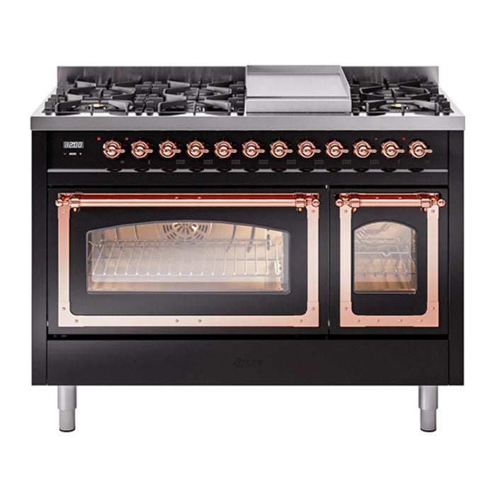 ILVE Nostalgie II Noblesse 48" Dual Fuel Freestanding Range 8 Sealed Burners + Griddle with Triple Glass Door - UN48FNMP