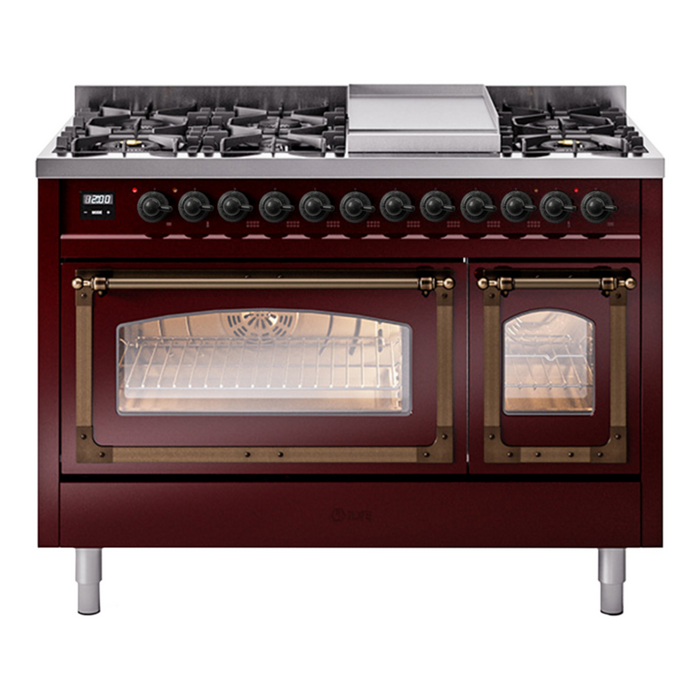 ILVE Nostalgie II Noblesse 48" Dual Fuel Freestanding Range 8 Sealed Burners + Griddle with Triple Glass Door - UN48FNMP