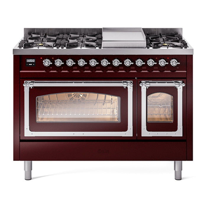 ILVE Nostalgie II Noblesse 48" Dual Fuel Freestanding Range 8 Sealed Burners + Griddle with Triple Glass Door - UN48FNMP