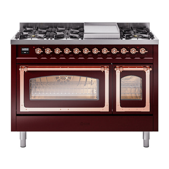 ILVE Nostalgie II Noblesse 48" Dual Fuel Freestanding Range 8 Sealed Burners + Griddle with Triple Glass Door - UN48FNMP