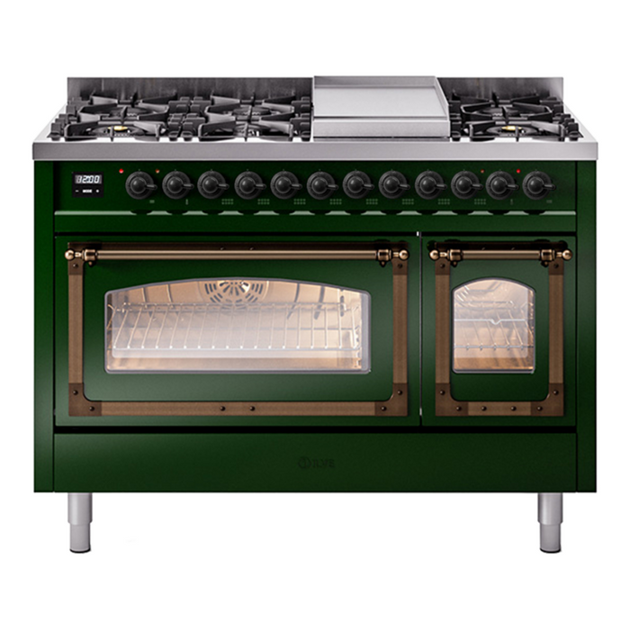 ILVE Nostalgie II Noblesse 48" Dual Fuel Freestanding Range 8 Sealed Burners + Griddle with Triple Glass Door - UN48FNMP