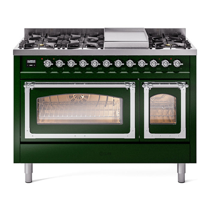 ILVE Nostalgie II Noblesse 48" Dual Fuel Freestanding Range 8 Sealed Burners + Griddle with Triple Glass Door - UN48FNMP