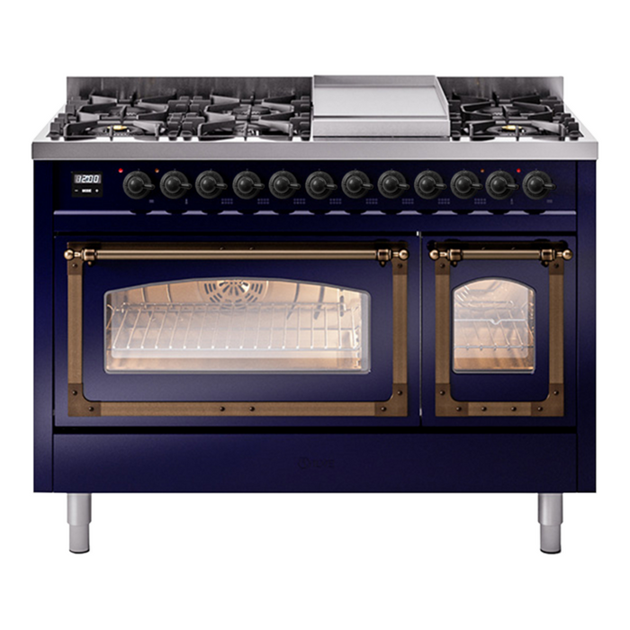 ILVE Nostalgie II Noblesse 48" Dual Fuel Freestanding Range 8 Sealed Burners + Griddle with Triple Glass Door - UN48FNMP