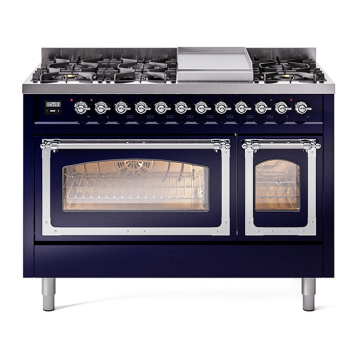 ILVE Nostalgie II Noblesse 48" Dual Fuel Freestanding Range 8 Sealed Burners + Griddle with Triple Glass Door - UN48FNMP