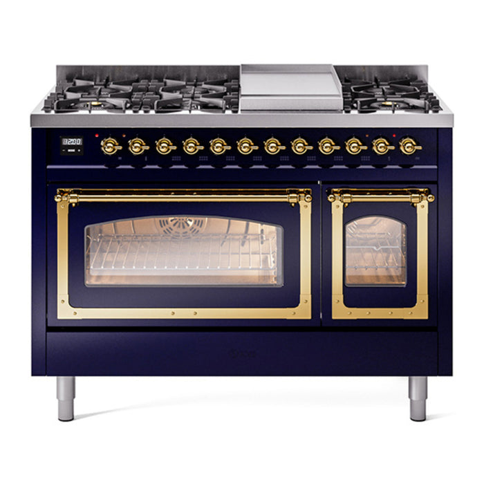 ILVE Nostalgie II Noblesse 48" Dual Fuel Freestanding Range 8 Sealed Burners + Griddle with Triple Glass Door - UN48FNMP