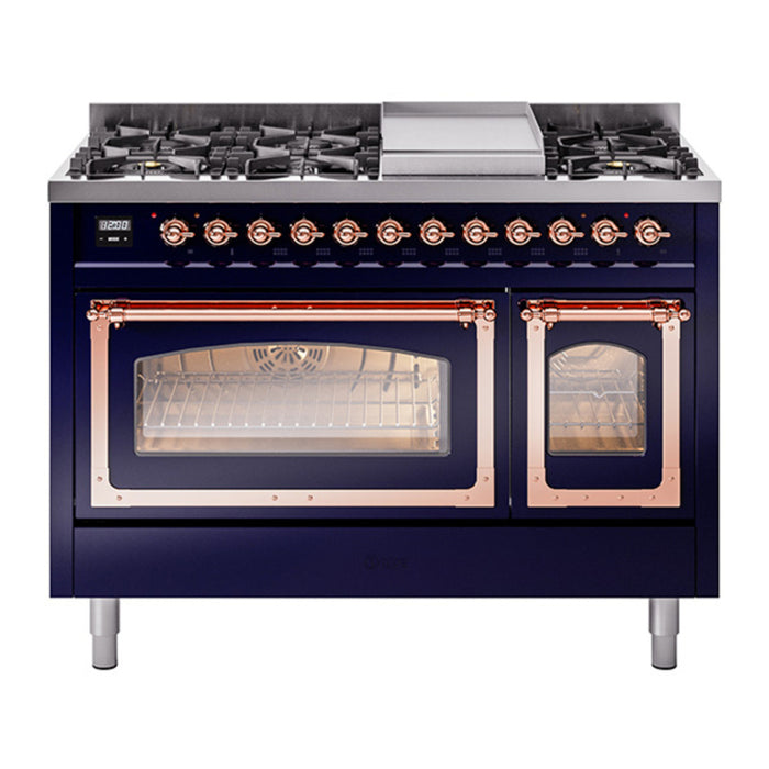 ILVE Nostalgie II Noblesse 48" Dual Fuel Freestanding Range 8 Sealed Burners + Griddle with Triple Glass Door - UN48FNMP