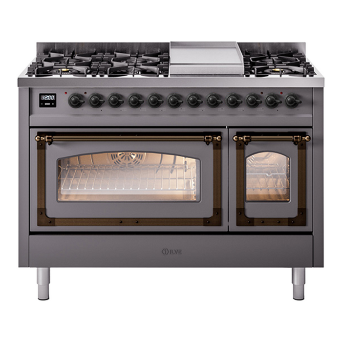 ILVE Nostalgie II Noblesse 48" Dual Fuel Freestanding Range 8 Sealed Burners + Griddle with Triple Glass Door - UN48FNMP