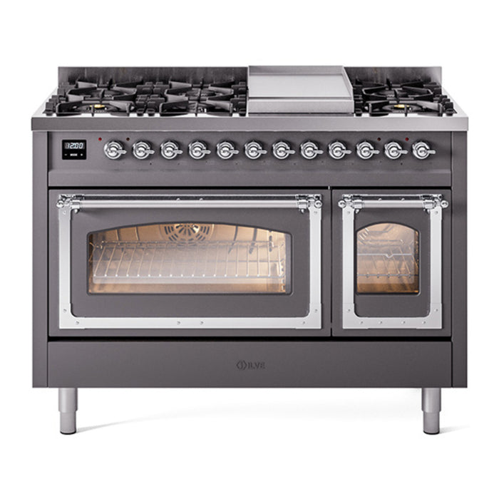 ILVE Nostalgie II Noblesse 48" Dual Fuel Freestanding Range 8 Sealed Burners + Griddle with Triple Glass Door - UN48FNMP