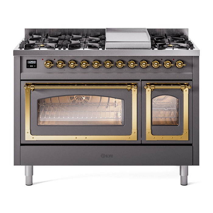 ILVE Nostalgie II Noblesse 48" Dual Fuel Freestanding Range 8 Sealed Burners + Griddle with Triple Glass Door - UN48FNMP