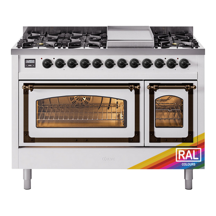 ILVE Nostalgie II Noblesse 48" Dual Fuel Freestanding Range 8 Sealed Burners + Griddle with Triple Glass Door - UN48FNMP