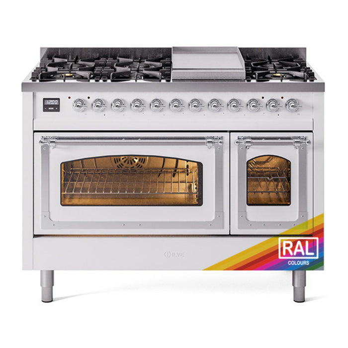 ILVE Nostalgie II Noblesse 48" Dual Fuel Freestanding Range 8 Sealed Burners + Griddle with Triple Glass Door - UN48FNMP