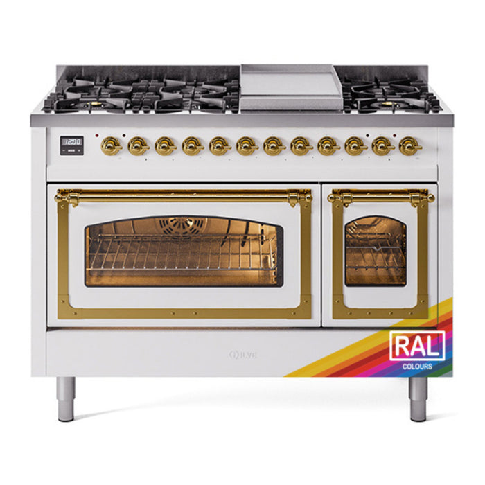 ILVE Nostalgie II Noblesse 48" Dual Fuel Freestanding Range 8 Sealed Burners + Griddle with Triple Glass Door - UN48FNMP