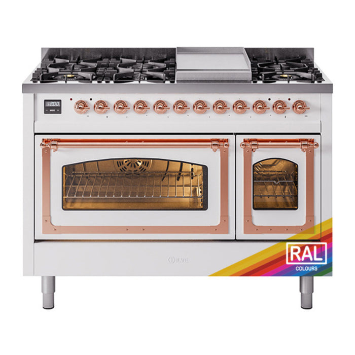ILVE Nostalgie II Noblesse 48" Dual Fuel Freestanding Range 8 Sealed Burners + Griddle with Triple Glass Door - UN48FNMP