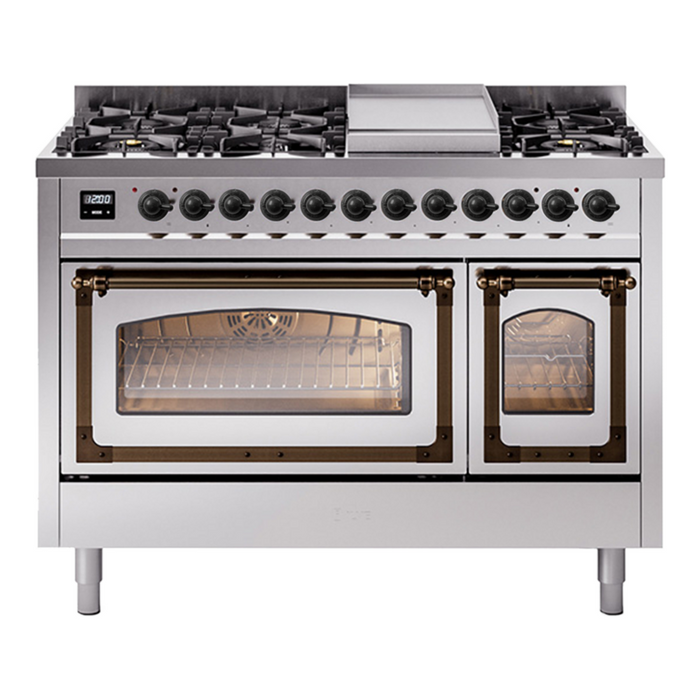 ILVE Nostalgie II Noblesse 48" Dual Fuel Freestanding Range 8 Sealed Burners + Griddle with Triple Glass Door - UN48FNMP