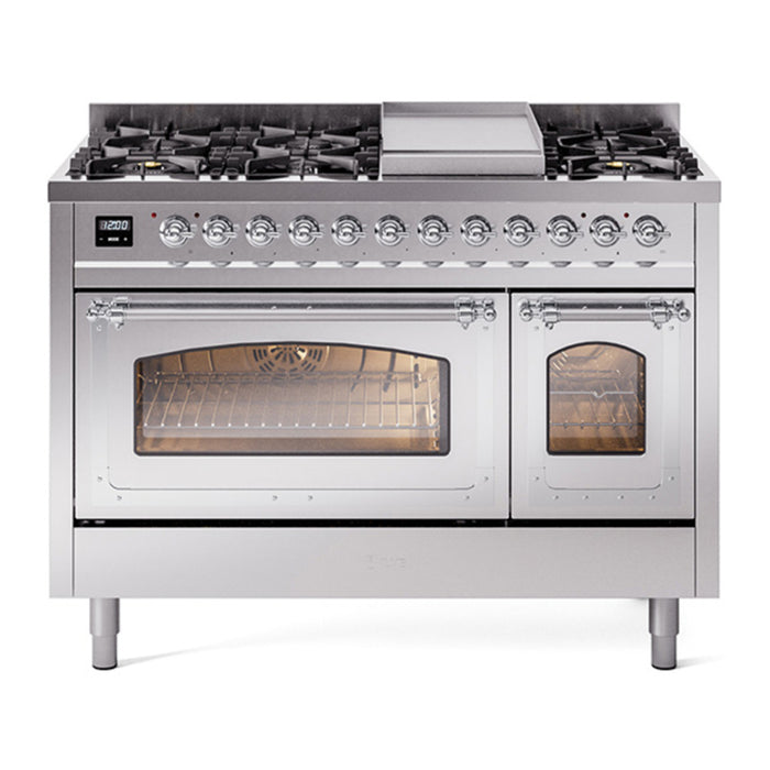 ILVE Nostalgie II Noblesse 48" Dual Fuel Freestanding Range 8 Sealed Burners + Griddle with Triple Glass Door - UN48FNMP