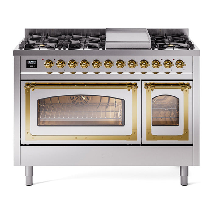 ILVE Nostalgie II Noblesse 48" Dual Fuel Freestanding Range 8 Sealed Burners + Griddle with Triple Glass Door - UN48FNMP