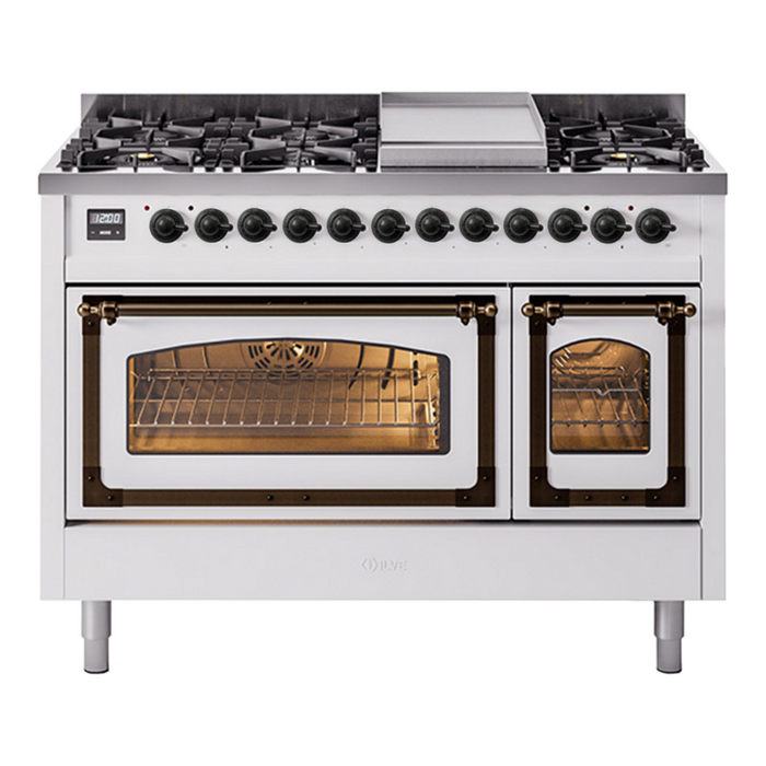 ILVE Nostalgie II Noblesse 48" Dual Fuel Freestanding Range 8 Sealed Burners + Griddle with Triple Glass Door - UN48FNMP