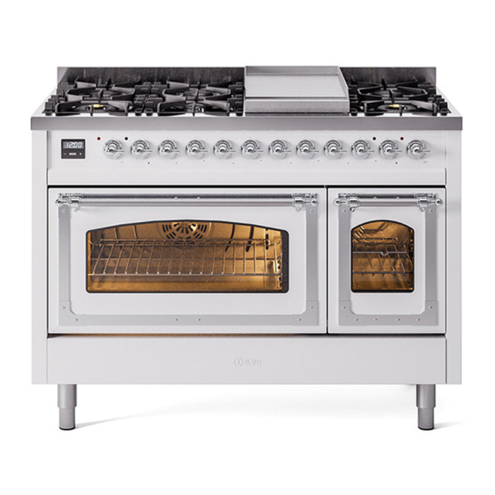 ILVE Nostalgie II Noblesse 48" Dual Fuel Freestanding Range 8 Sealed Burners + Griddle with Triple Glass Door - UN48FNMP