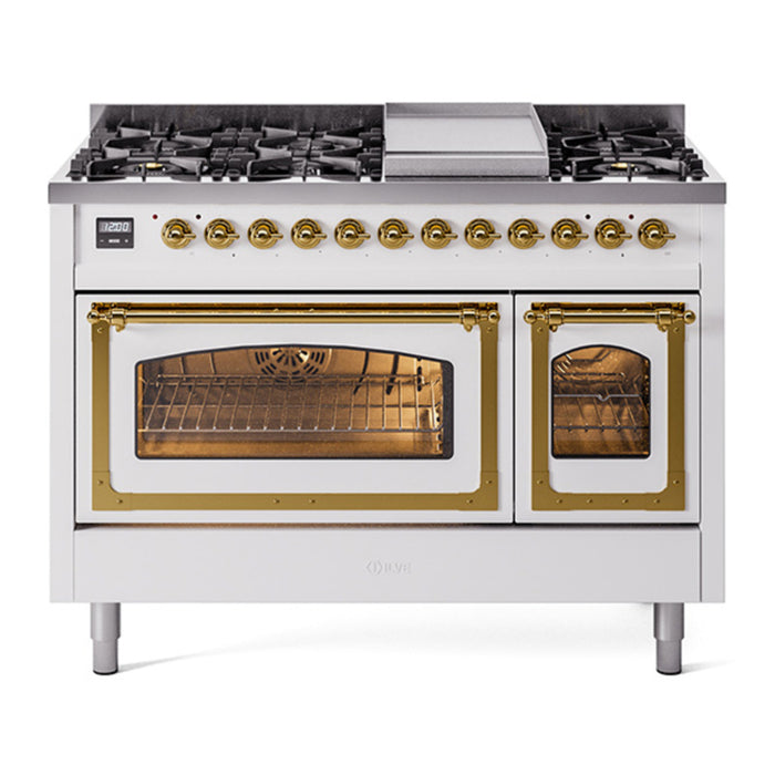 ILVE Nostalgie II Noblesse 48" Dual Fuel Freestanding Range 8 Sealed Burners + Griddle with Triple Glass Door - UN48FNMP