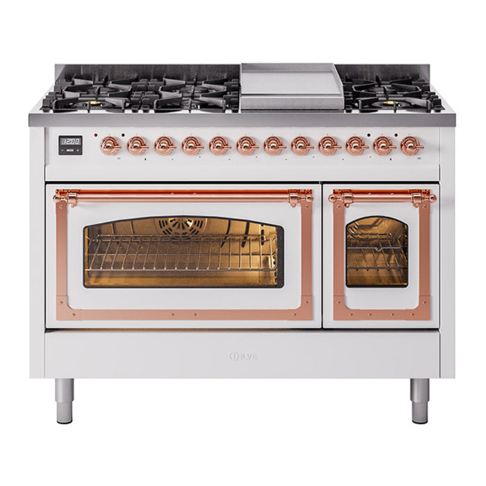 ILVE Nostalgie II Noblesse 48" Dual Fuel Freestanding Range 8 Sealed Burners + Griddle with Triple Glass Door - UN48FNMP