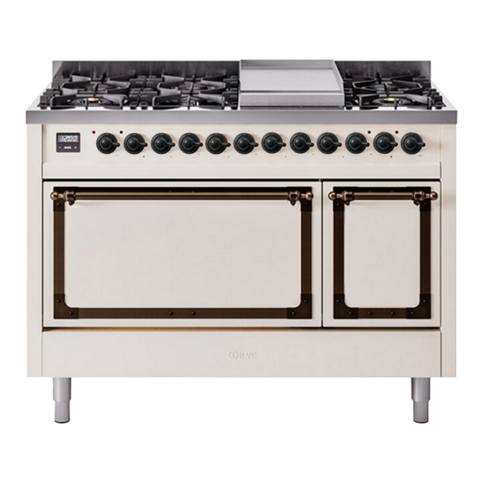 ILVE Nostalgie II Noblesse 48" Dual Fuel Freestanding Range 8 Sealed Burners + Griddle with Solid Door - UN48FQNMP