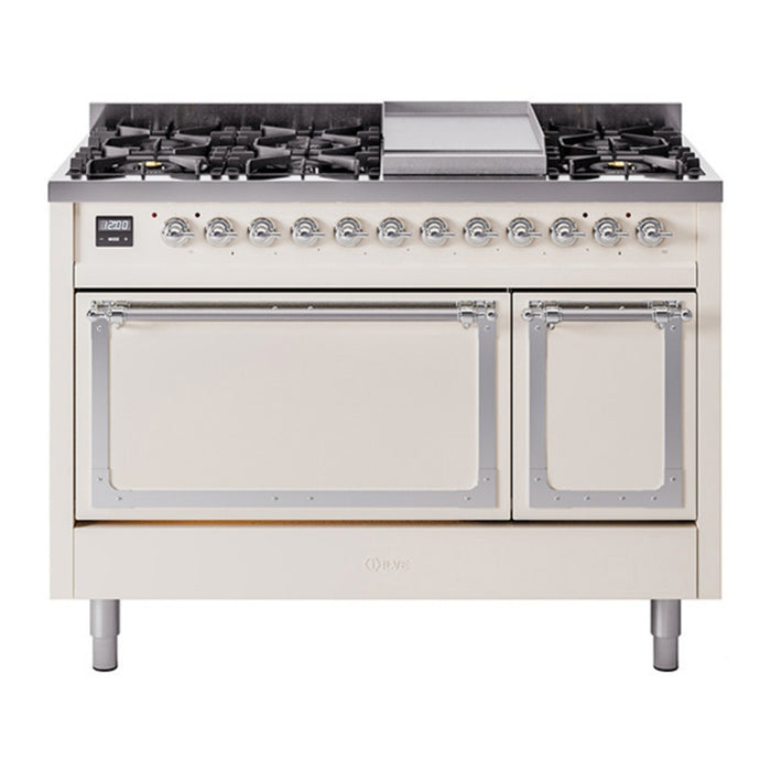 ILVE Nostalgie II Noblesse 48" Dual Fuel Freestanding Range 8 Sealed Burners + Griddle with Solid Door - UN48FQNMP