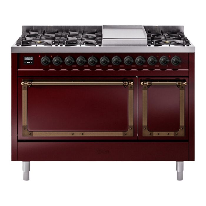 ILVE Nostalgie II Noblesse 48" Dual Fuel Freestanding Range 8 Sealed Burners + Griddle with Solid Door - UN48FQNMP