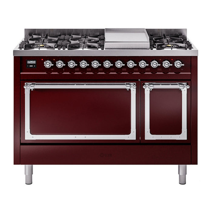 ILVE Nostalgie II Noblesse 48" Dual Fuel Freestanding Range 8 Sealed Burners + Griddle with Solid Door - UN48FQNMP