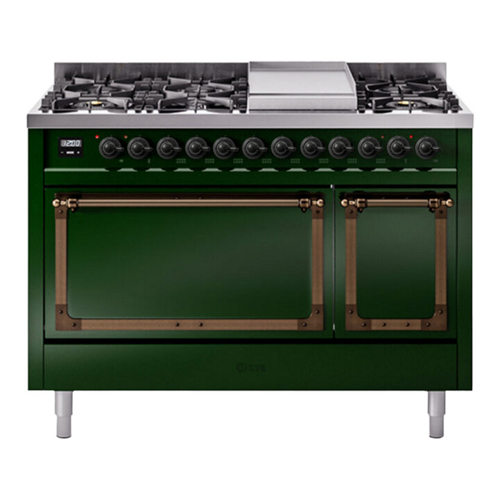 ILVE Nostalgie II Noblesse 48" Dual Fuel Freestanding Range 8 Sealed Burners + Griddle with Solid Door - UN48FQNMP
