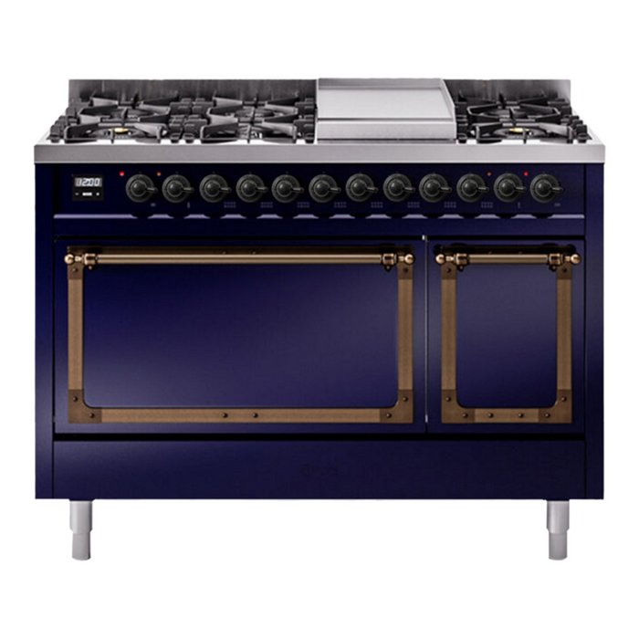 ILVE Nostalgie II Noblesse 48" Dual Fuel Freestanding Range 8 Sealed Burners + Griddle with Solid Door - UN48FQNMP