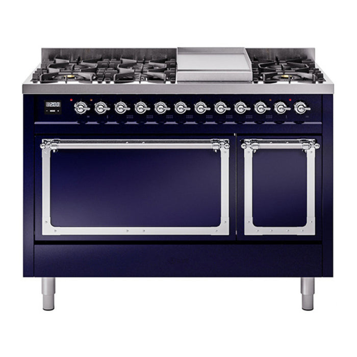 ILVE Nostalgie II Noblesse 48" Dual Fuel Freestanding Range 8 Sealed Burners + Griddle with Solid Door - UN48FQNMP