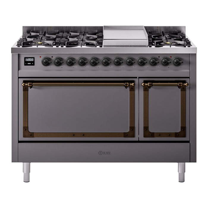 ILVE Nostalgie II Noblesse 48" Dual Fuel Freestanding Range 8 Sealed Burners + Griddle with Solid Door - UN48FQNMP
