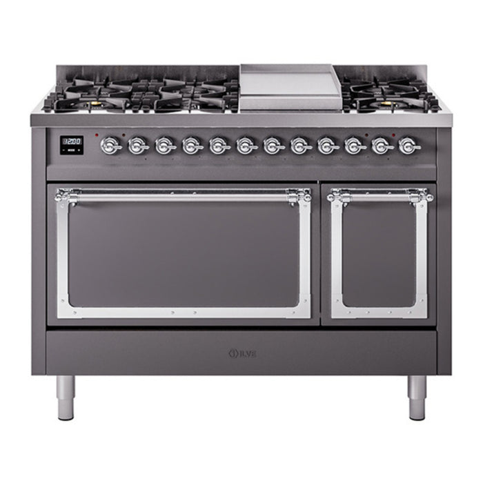 ILVE Nostalgie II Noblesse 48" Dual Fuel Freestanding Range 8 Sealed Burners + Griddle with Solid Door - UN48FQNMP