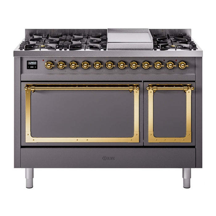 ILVE Nostalgie II Noblesse 48" Dual Fuel Freestanding Range 8 Sealed Burners + Griddle with Solid Door - UN48FQNMP