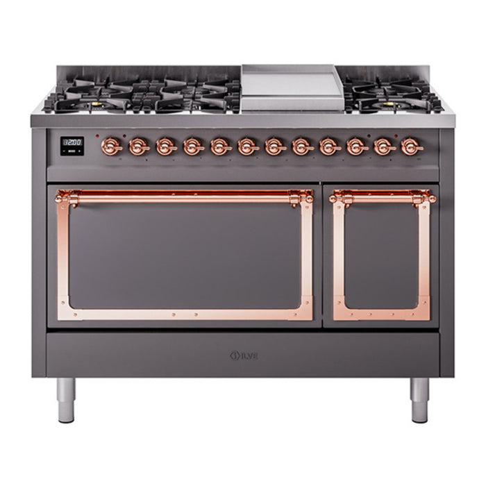 ILVE Nostalgie II Noblesse 48" Dual Fuel Freestanding Range 8 Sealed Burners + Griddle with Solid Door - UN48FQNMP