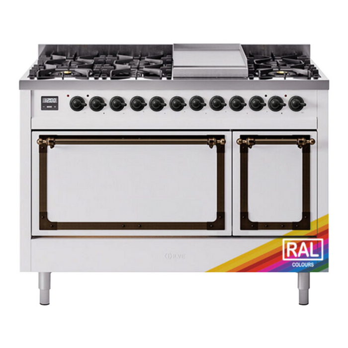 ILVE Nostalgie II Noblesse 48" Dual Fuel Freestanding Range 8 Sealed Burners + Griddle with Solid Door - UN48FQNMP