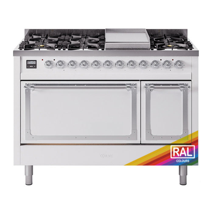 ILVE Nostalgie II Noblesse 48" Dual Fuel Freestanding Range 8 Sealed Burners + Griddle with Solid Door - UN48FQNMP