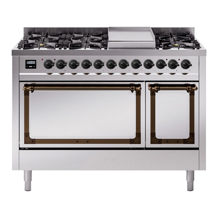 ILVE Nostalgie II Noblesse 48" Dual Fuel Freestanding Range 8 Sealed Burners + Griddle with Solid Door - UN48FQNMP