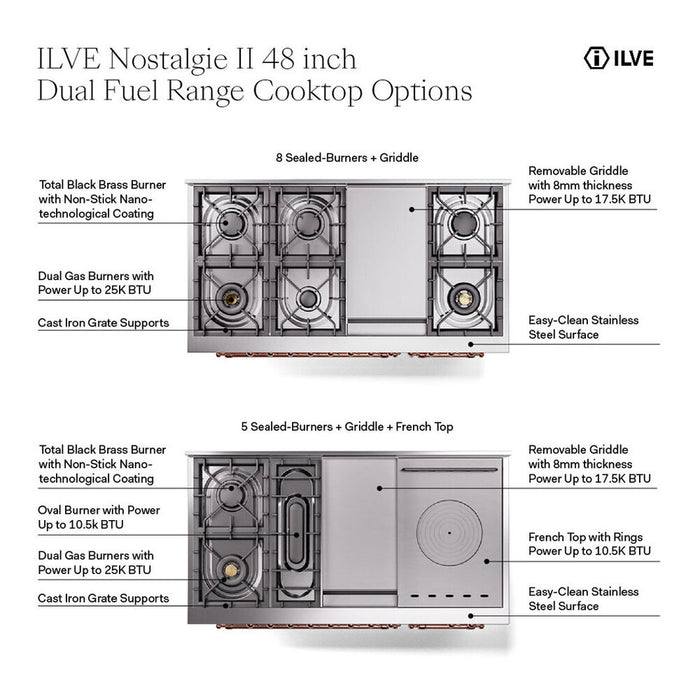 ILVE Nostalgie II Noblesse 48" Dual Fuel Freestanding Range 5 Sealed Burners + Griddle + French Top with Triple Glass Door - UN48FSNMP