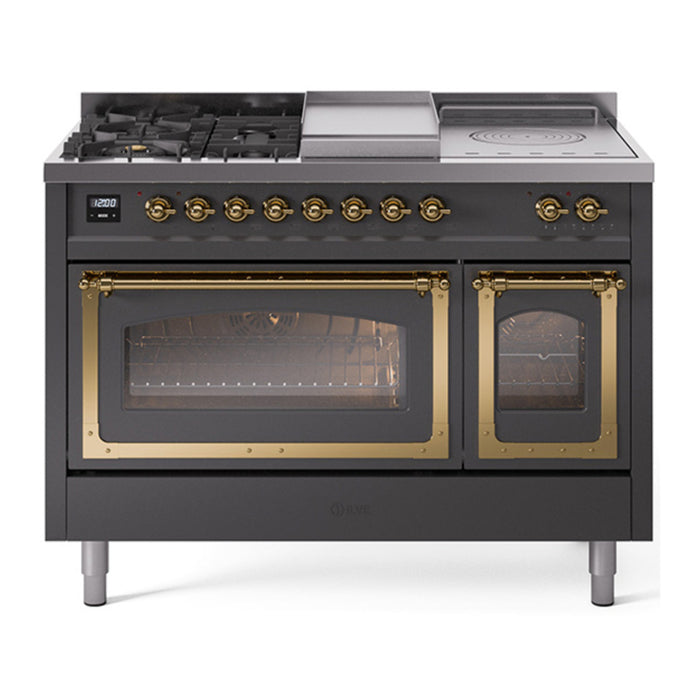 ILVE Nostalgie II Noblesse 48" Dual Fuel Freestanding Range 5 Sealed Burners + Griddle + French Top with Triple Glass Door - UN48FSNMP