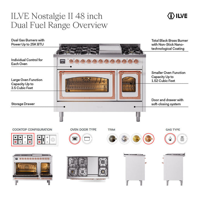 ILVE Nostalgie II Noblesse 48" Dual Fuel Freestanding Range 5 Sealed Burners + Griddle + French Top with Solid Door - UN48FSQNMP