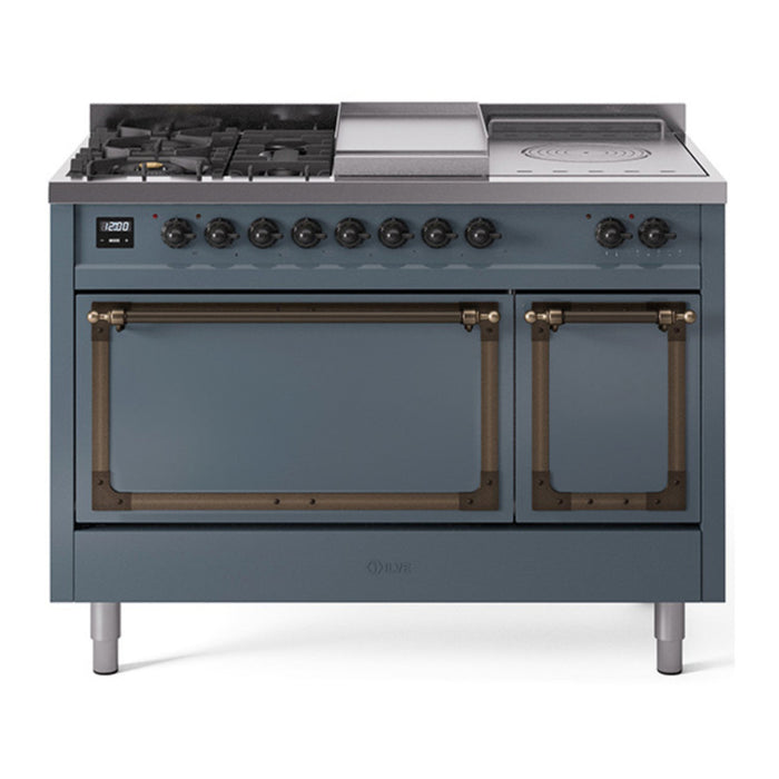 ILVE Nostalgie II Noblesse 48" Dual Fuel Freestanding Range 5 Sealed Burners + Griddle + French Top with Solid Door - UN48FSQNMP