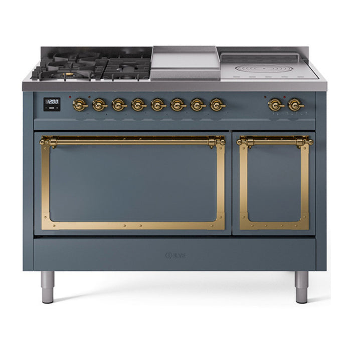 ILVE Nostalgie II Noblesse 48" Dual Fuel Freestanding Range 5 Sealed Burners + Griddle + French Top with Solid Door - UN48FSQNMP