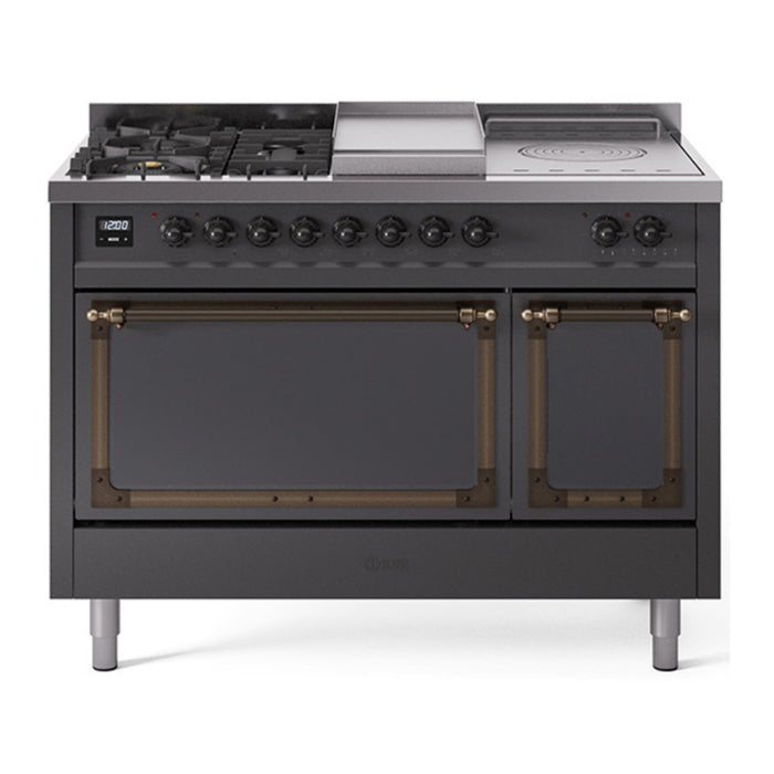 ILVE Nostalgie II Noblesse 48" Dual Fuel Freestanding Range 5 Sealed Burners + Griddle + French Top with Solid Door - UN48FSQNMP